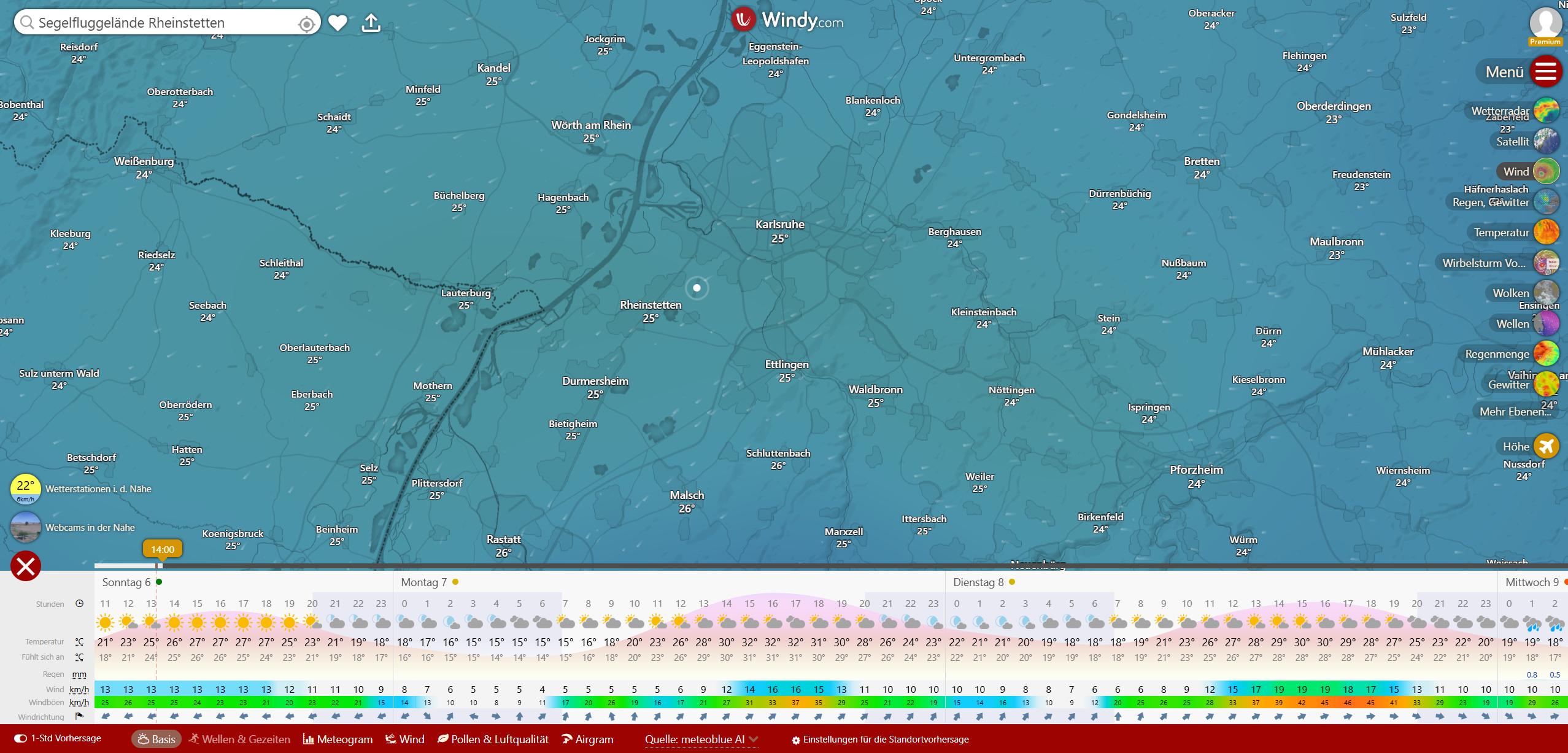Windy Basisansicht mit meteoblue eines Beispieltags